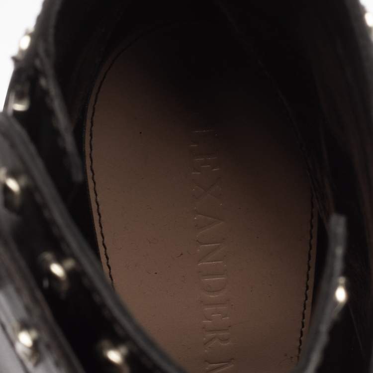 Pre Owned Alexander McQueen Black Leather Studded Platform Block Heel Ankle Boots Size 38