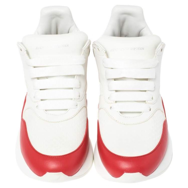 Pre Owned Alexander McQueen White/Red Leather And Mesh Oversized Runner Low Top Sneakers Size 38