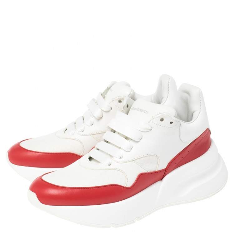 Pre Owned Alexander McQueen White/Red Leather And Mesh Oversized Runner Low Top Sneakers Size 38