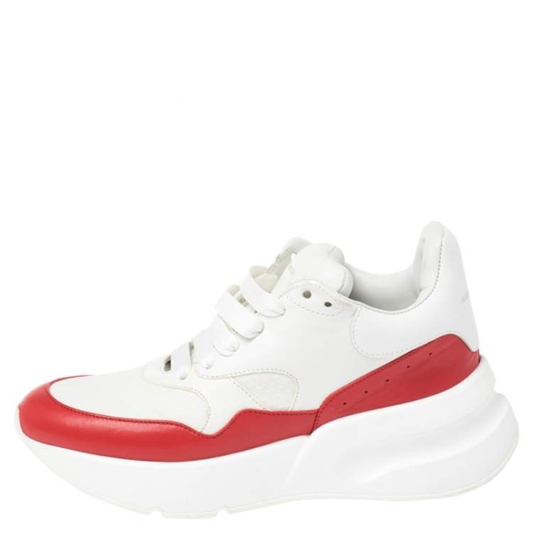 Pre Owned Alexander McQueen White/Red Leather And Mesh Oversized Runner Low Top Sneakers Size 38