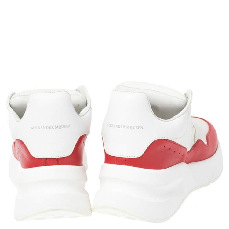 Pre Owned Alexander McQueen White/Red Leather And Mesh Oversized Runner Low Top Sneakers Size 38