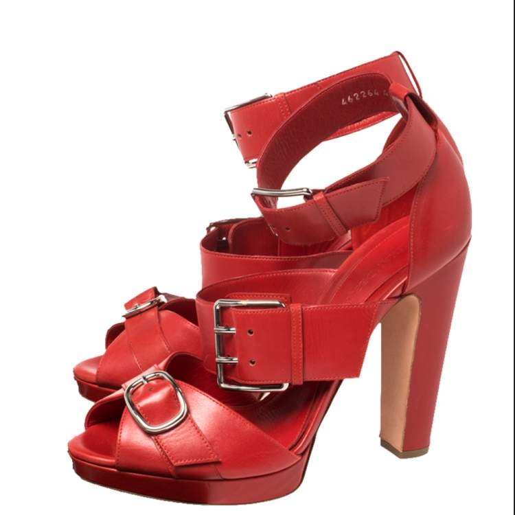 Pre Owned Alexander McQueen Red Leather Buckle Strappy Platform Sandals Size 41