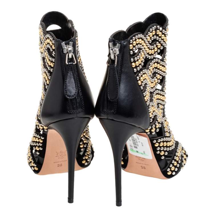 Pre Owned Alexander McQueen Black Leather Studded Peep Toe Ankle Boots Size 36 