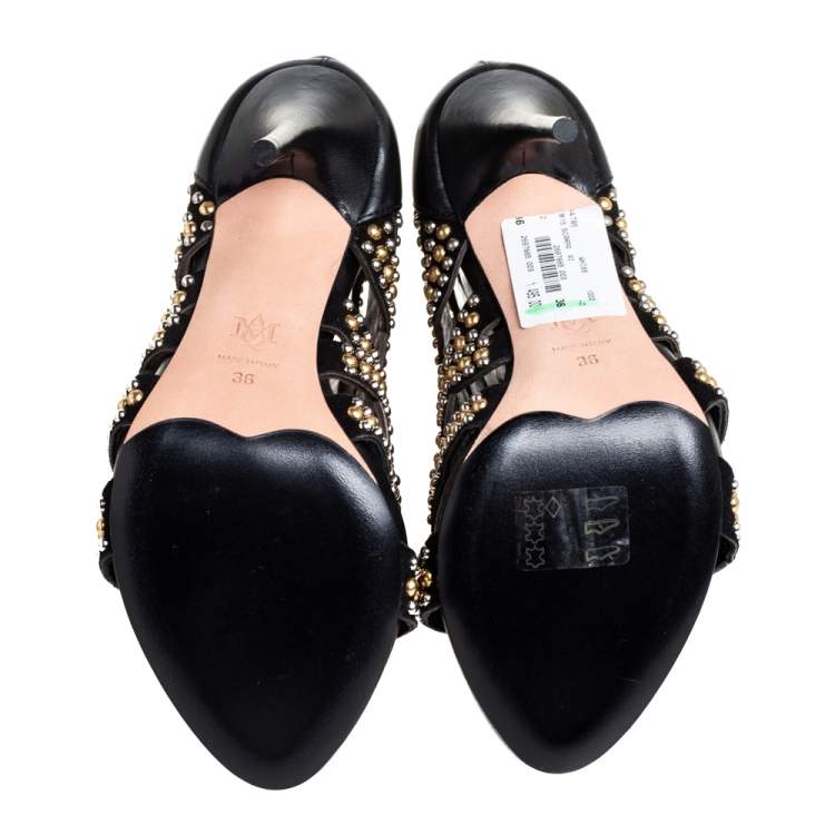 Pre Owned Alexander McQueen Black Leather Studded Peep Toe Ankle Boots Size 36 