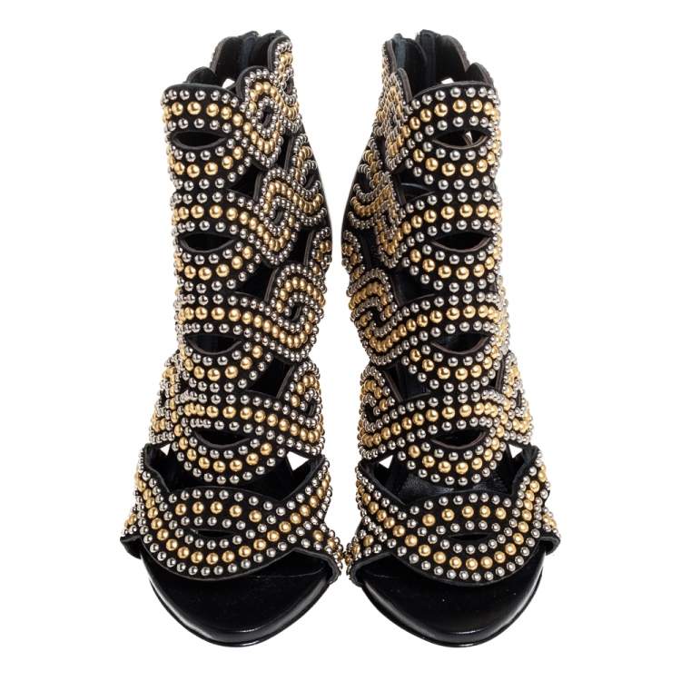 Pre Owned Alexander McQueen Black Leather Studded Peep Toe Ankle Boots Size 36 