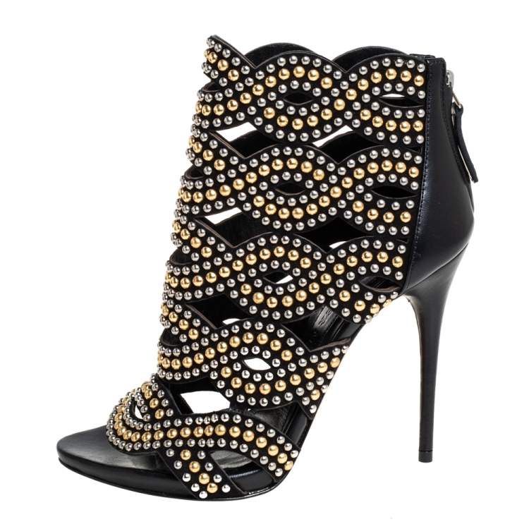 Pre Owned Alexander McQueen Black Leather Studded Peep Toe Ankle Boots Size 36 