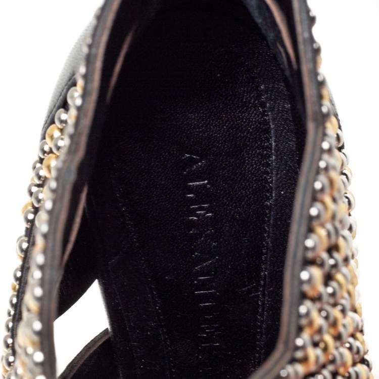 Pre Owned Alexander McQueen Black Leather Studded Peep Toe Ankle Boots Size 36 