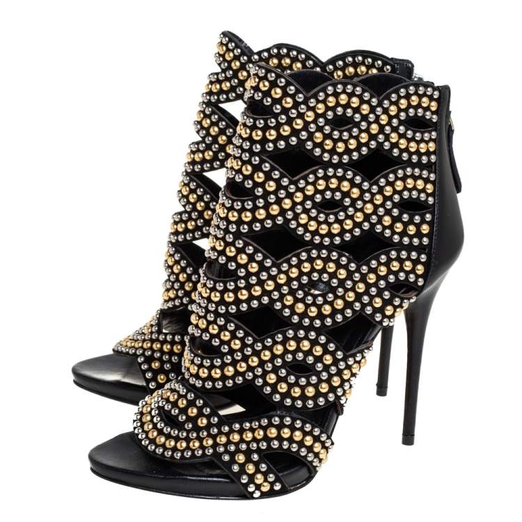 Pre Owned Alexander McQueen Black Leather Studded Peep Toe Ankle Boots Size 36 