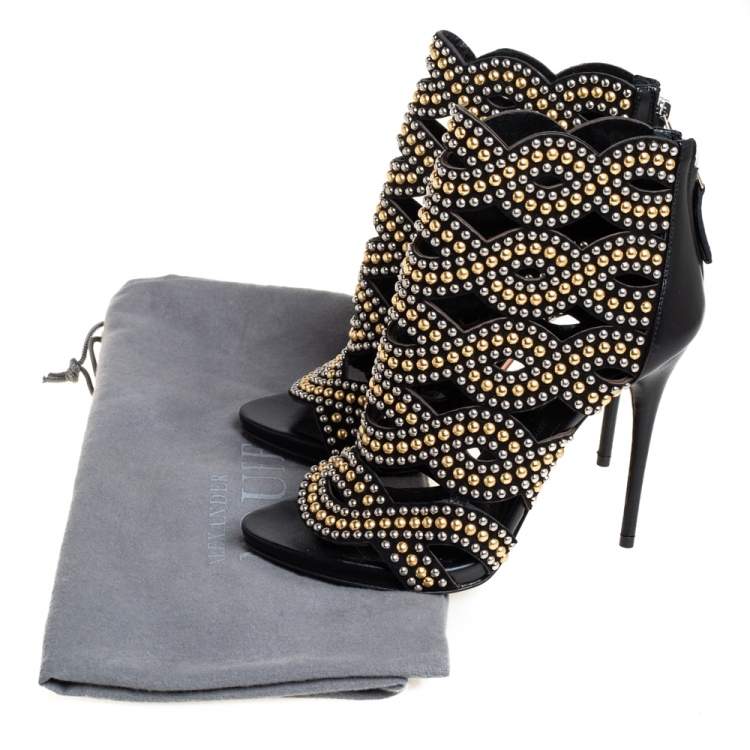 Pre Owned Alexander McQueen Black Leather Studded Peep Toe Ankle Boots Size 36 