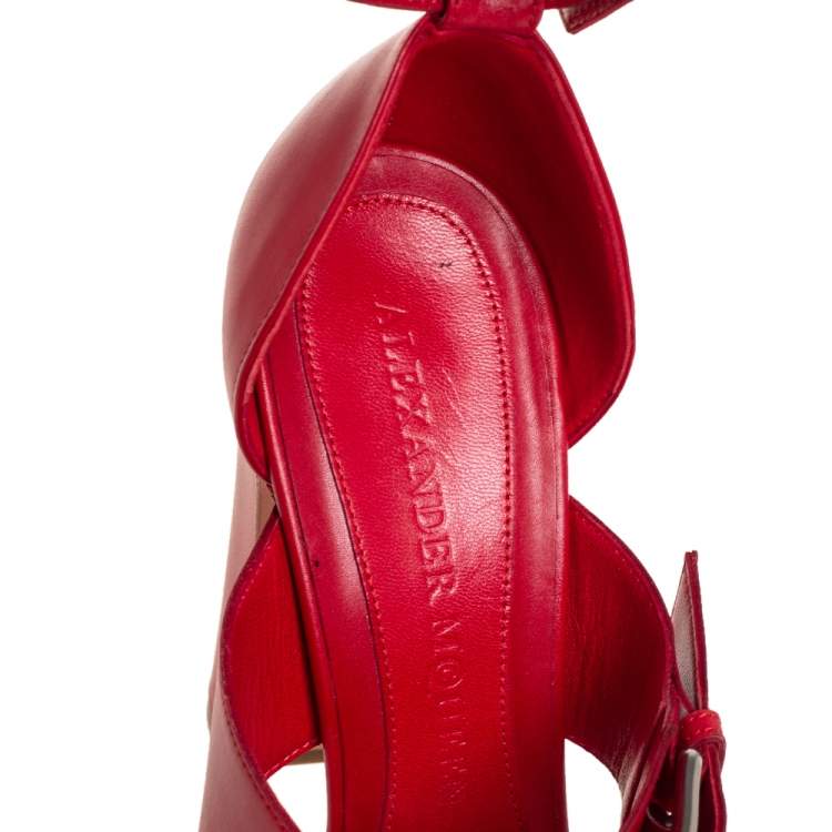 Pre Owned Alexander McQueen Red Leather Buckle Detail Ankle Cuff Sandals Size 38