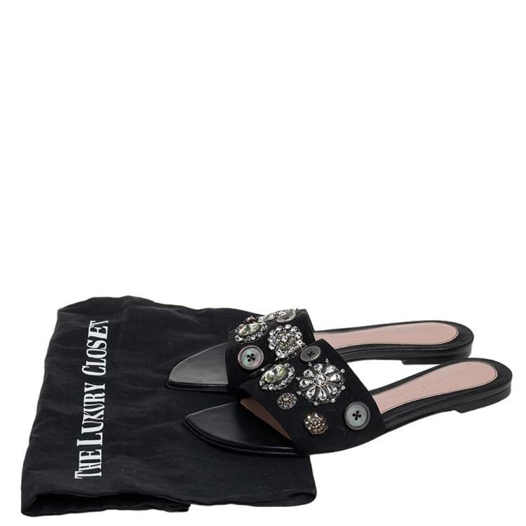 Pre Owned Alexander McQueen Black Suede Crystal Embellished Flats Size 37