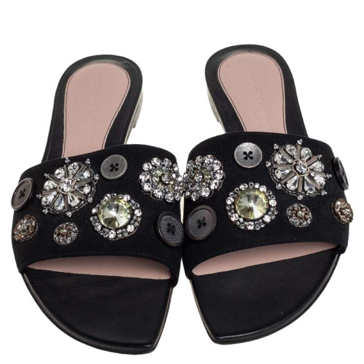 Pre Owned Alexander McQueen Black Suede Crystal Embellished Flats Size 37