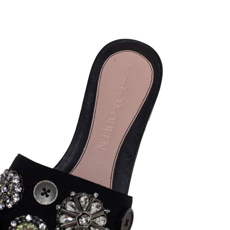 Pre Owned Alexander McQueen Black Suede Crystal Embellished Flats Size 37