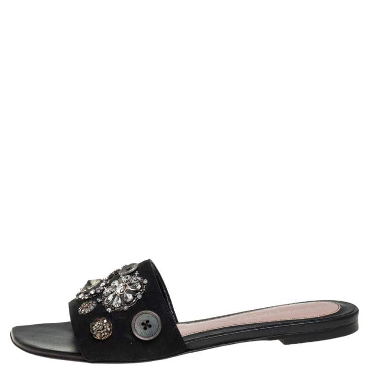 Pre Owned Alexander McQueen Black Suede Crystal Embellished Flats Size 37