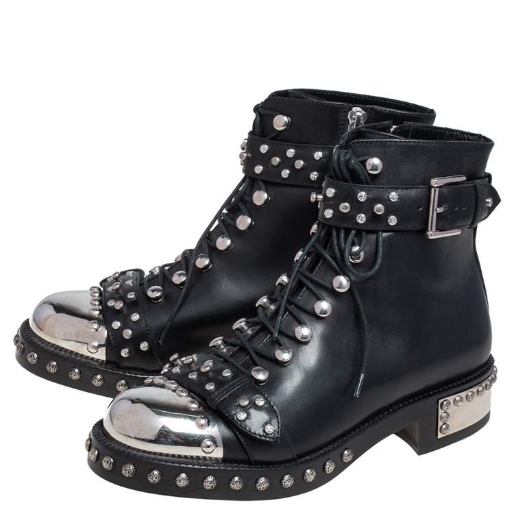 Pre Owned Alexander McQueen Black Leather Cap Toe Studded Ankle Boots Size 37