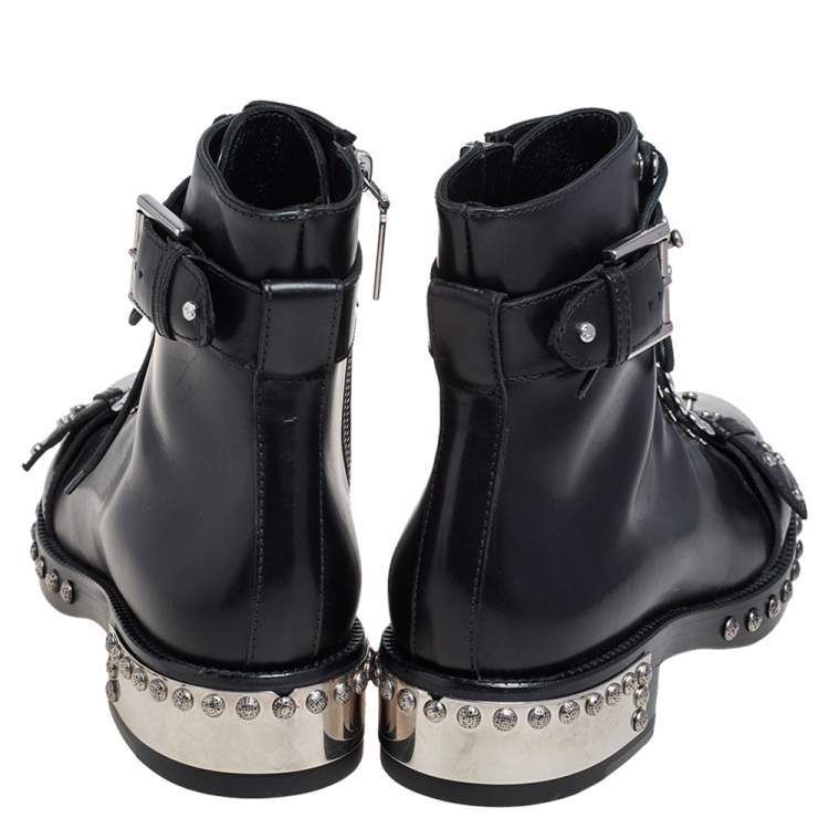 Pre Owned Alexander McQueen Black Leather Cap Toe Studded Ankle Boots Size 37