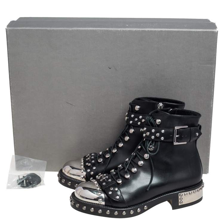 Pre Owned Alexander McQueen Black Leather Cap Toe Studded Ankle Boots Size 37