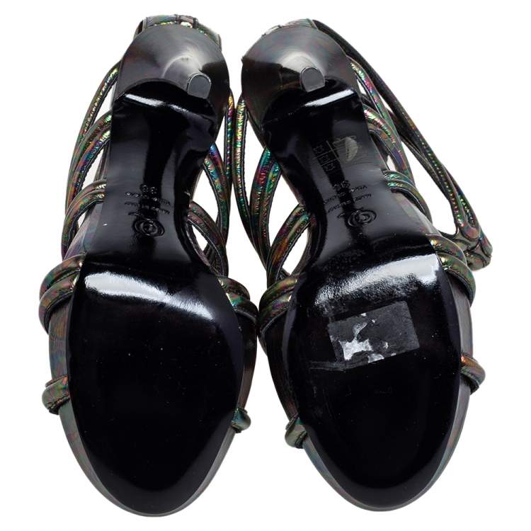 Pre Owned Alexander McQueen Multicolor Oil Slick Texture Leather Gladiator Sandals Size 38