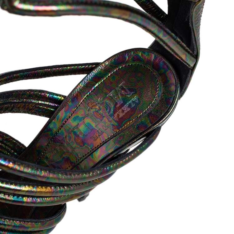 Pre Owned Alexander McQueen Multicolor Oil Slick Texture Leather Gladiator Sandals Size 38