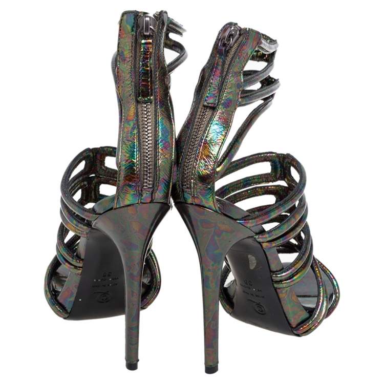 Pre Owned Alexander McQueen Multicolor Oil Slick Texture Leather Gladiator Sandals Size 38