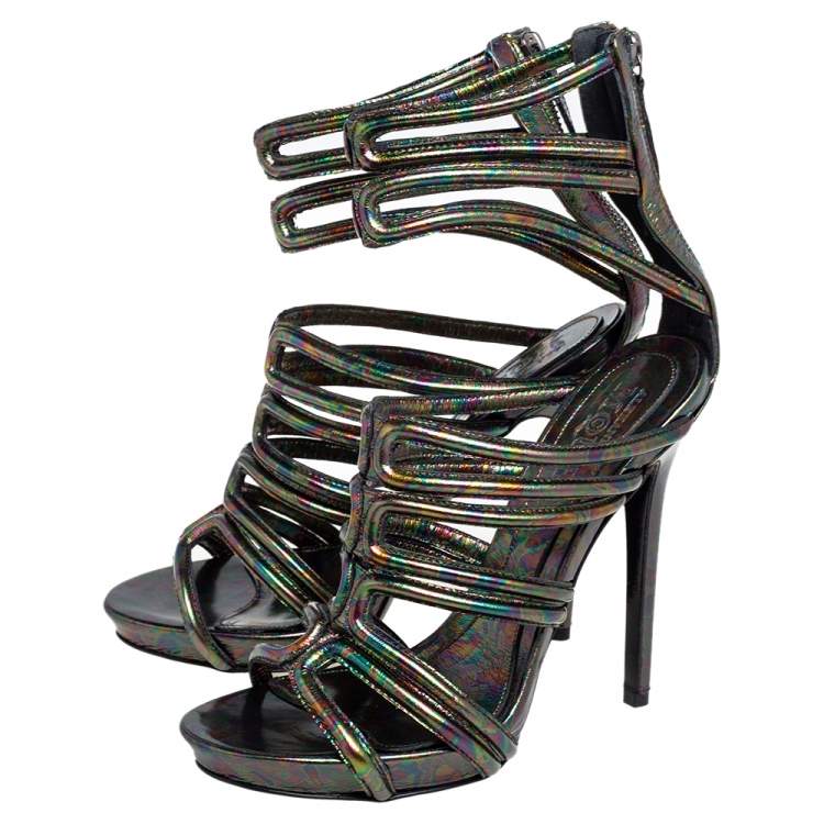 Pre Owned Alexander McQueen Multicolor Oil Slick Texture Leather Gladiator Sandals Size 38