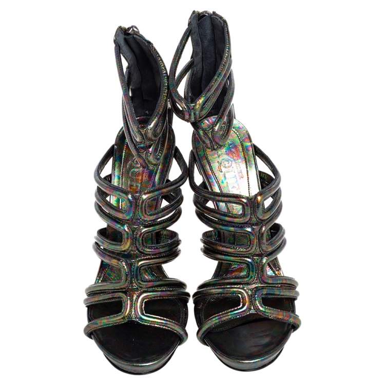 Pre Owned Alexander McQueen Multicolor Oil Slick Texture Leather Gladiator Sandals Size 38