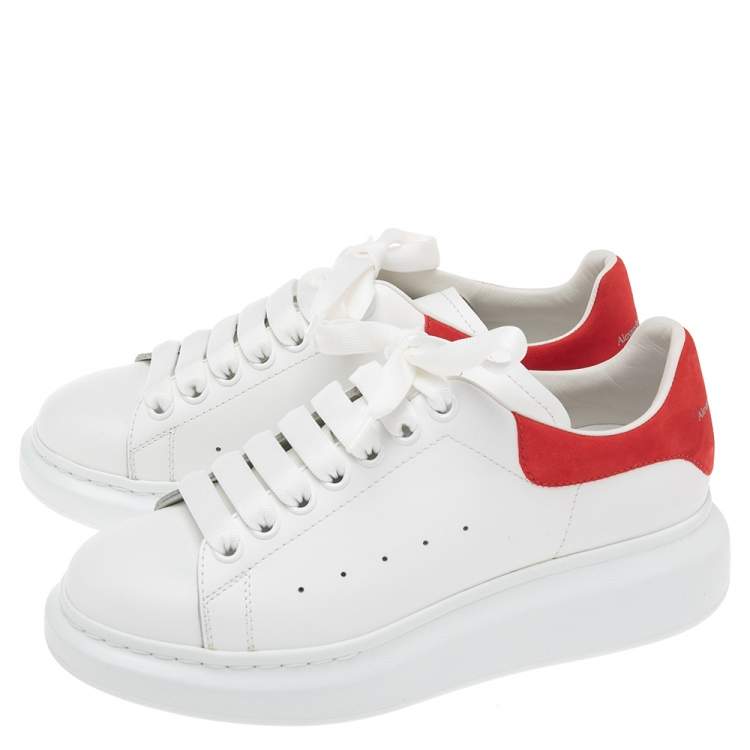 Pre Owned Alexander McQueen White/Red Leather and Suede Oversized Sneakers Size 38.5