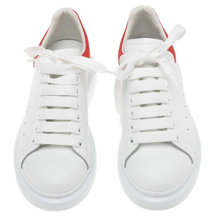 Pre Owned Alexander McQueen White/Red Leather and Suede Oversized Sneakers Size 38.5