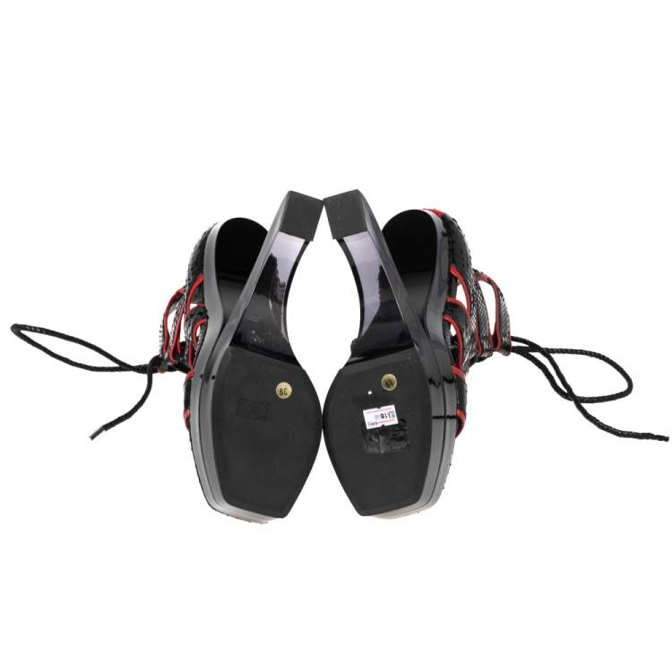 Pre Owned Alexander McQueen Black/Red Python Leather Platform Cage Sandals Size 39