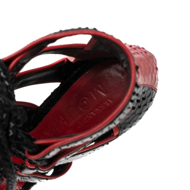 Pre Owned Alexander McQueen Black/Red Python Leather Platform Cage Sandals Size 39