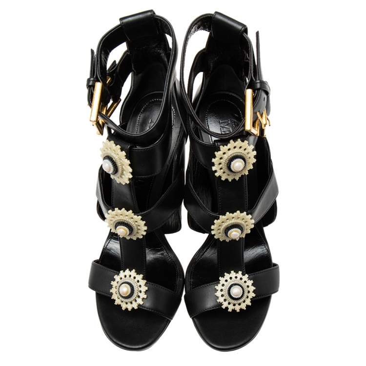 Pre Owned Alexander McQueen Black Leather French Gloss Platform Strappy Sandals Size 39