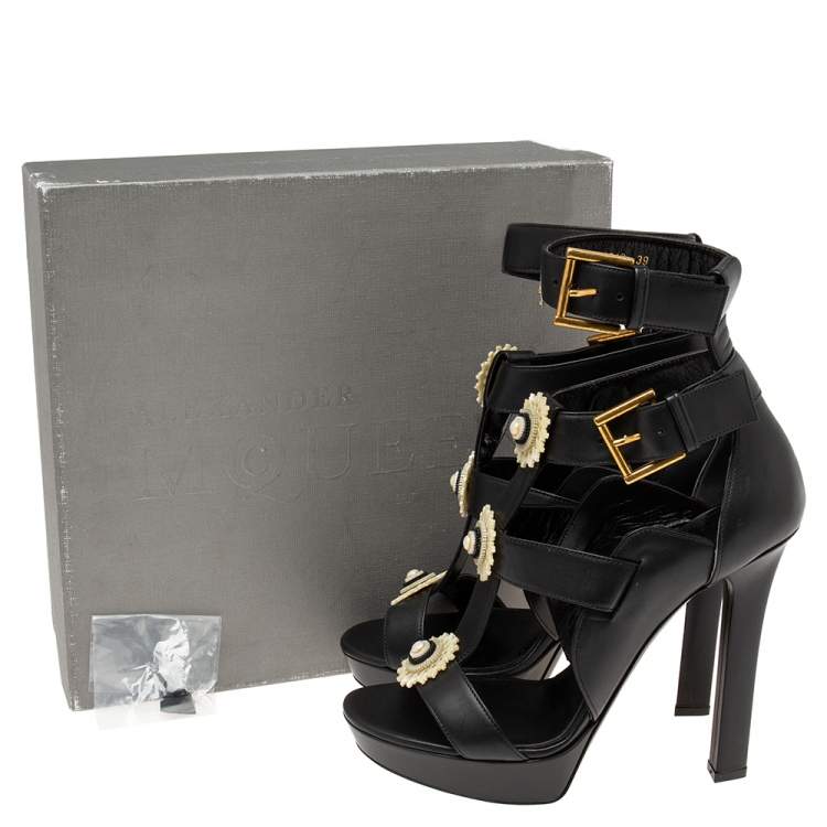 Pre Owned Alexander McQueen Black Leather French Gloss Platform Strappy Sandals Size 39