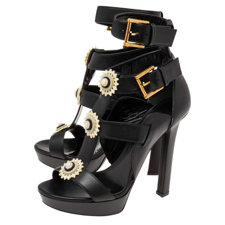 Pre Owned Alexander McQueen Black Leather French Gloss Platform Strappy Sandals Size 39
