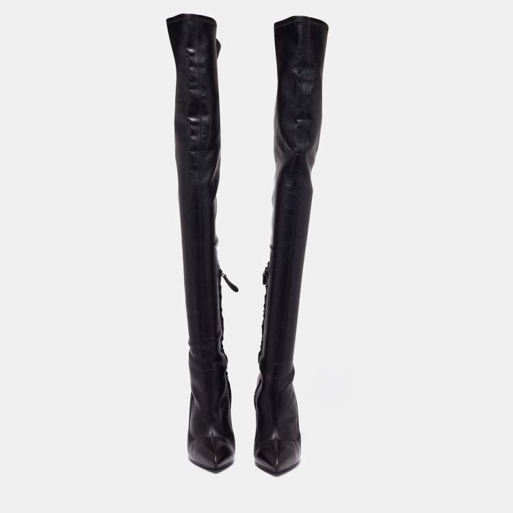 Pre Owned Alexander McQueen Black Leather Over The Knee Boots Size 37 