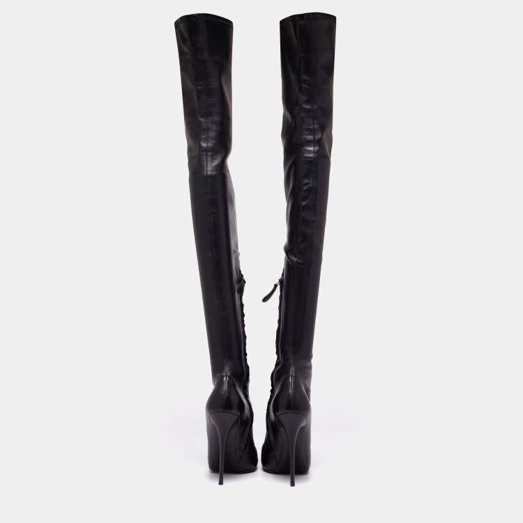Pre Owned Alexander McQueen Black Leather Over The Knee Boots Size 37 