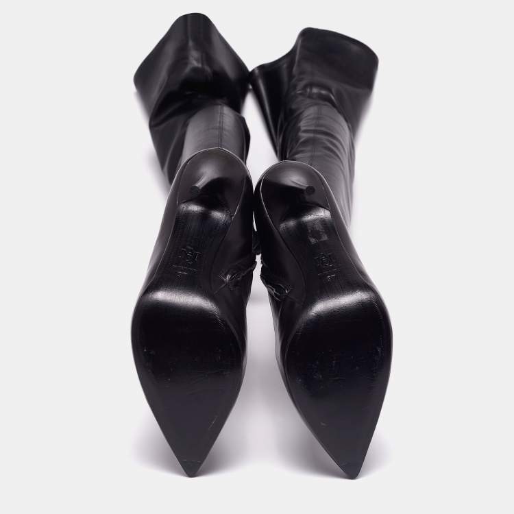 Pre Owned Alexander McQueen Black Leather Over The Knee Boots Size 37 