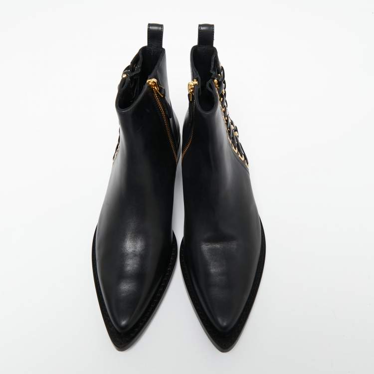 Pre Owned Alexander McQueen Black Leather Braided Chain Ankle Boots Size 37