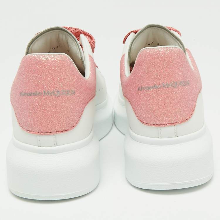 Pre Owned Alexander McQueen White/Pink Leather and Glitter Runway Sneakers Size 36
