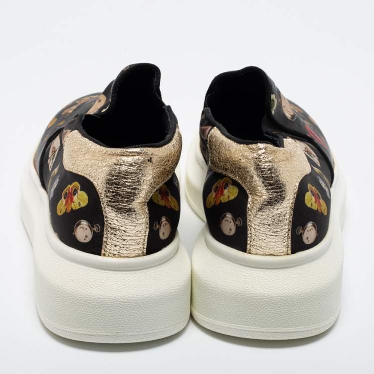 Pre Owned Alexander McQueen Black Printed Satin Slip-On Sneakers Size 40.5