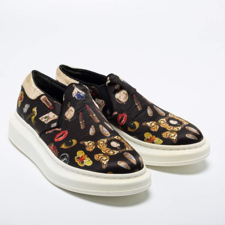 Pre Owned Alexander McQueen Black Printed Satin Slip-On Sneakers Size 40.5