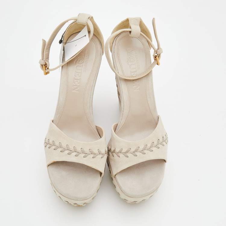 Pre Owned Alexander McQueen Grey Suede Peep-toe Slingback Sandals Size 39.5