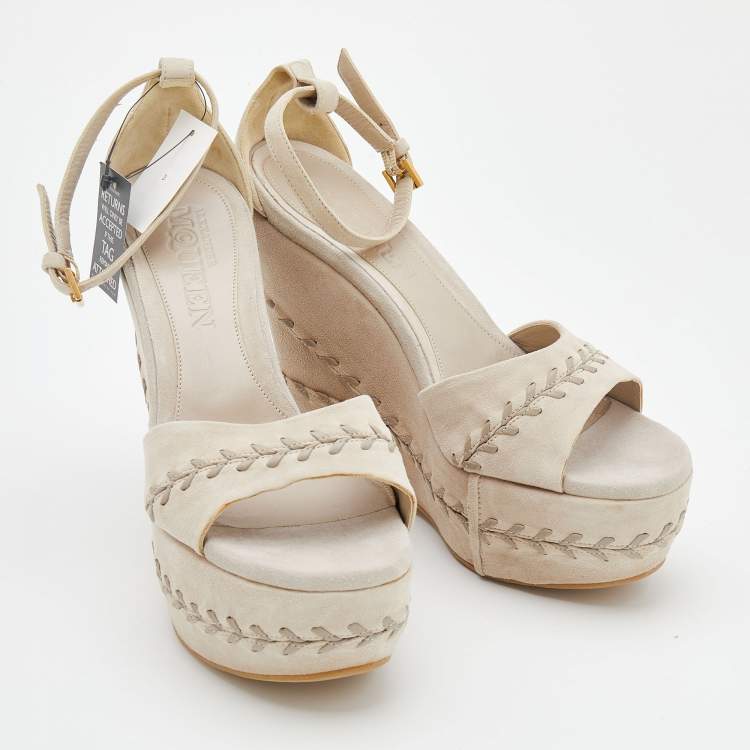 Pre Owned Alexander McQueen Grey Suede Peep-toe Slingback Sandals Size 39.5
