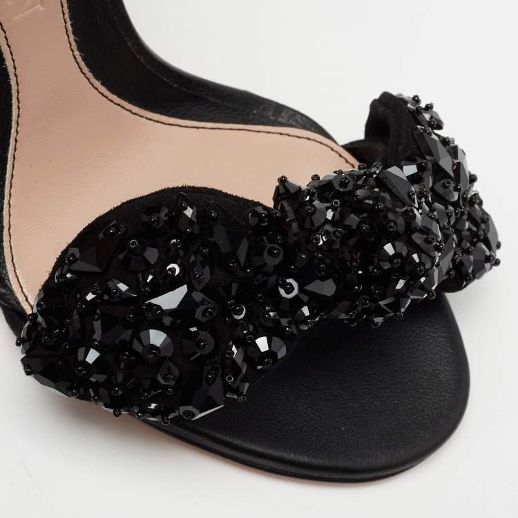 Pre Owned Alexander McQueen Black Suede Embellished  Jewel Bow Ankle Strap  Sandals Size 36