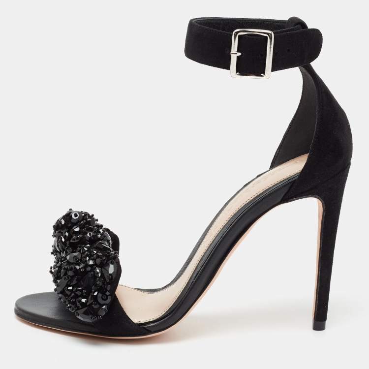 Pre Owned Alexander McQueen Black Suede Embellished  Jewel Bow Ankle Strap  Sandals Size 36