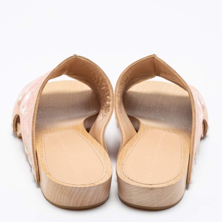 Pre Owned Alexander McQueen Peach Leather Embroidered Wooden Clogs Size 36