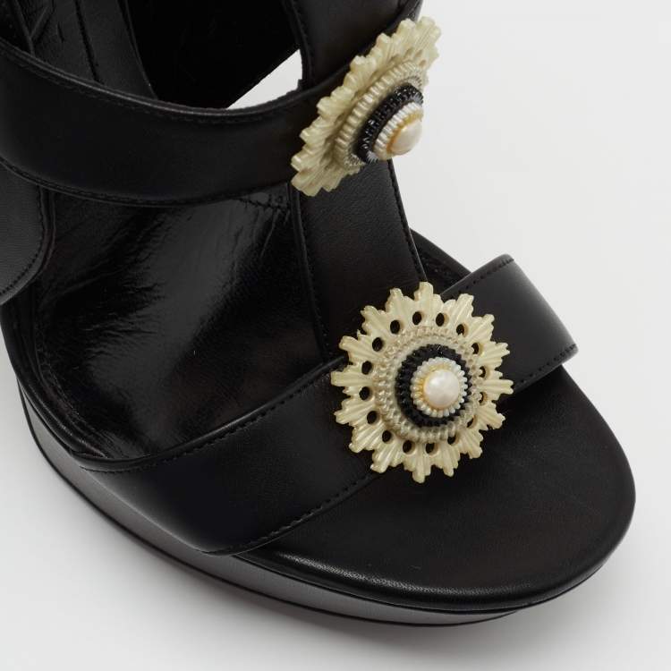 Pre Owned Alexander McQueen Black Leather French Gloss Platform Strappy  Sandals Size 38
