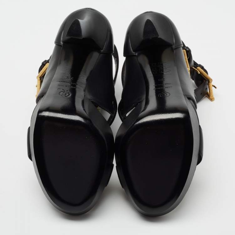 Pre Owned Alexander McQueen Black Leather French Gloss Platform Strappy  Sandals Size 38
