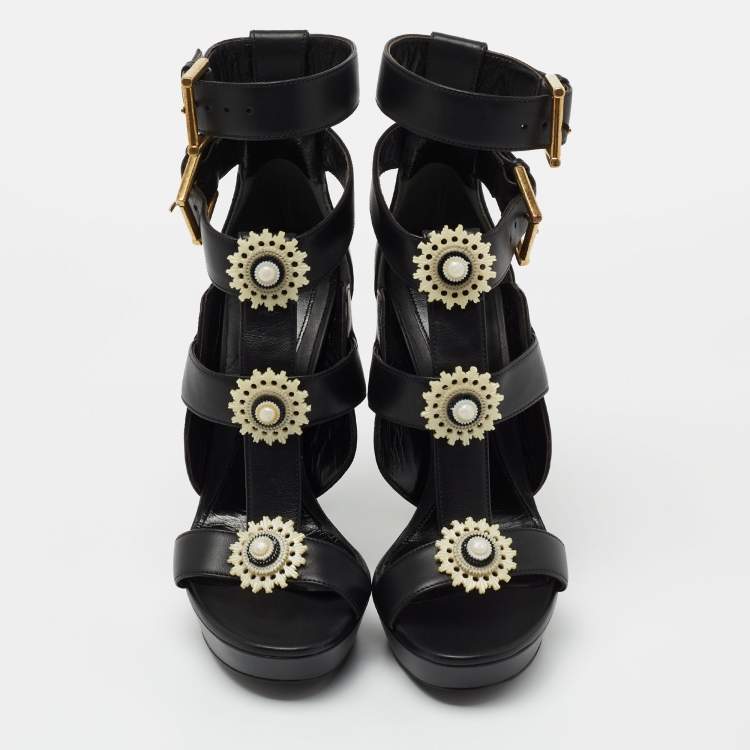 Pre Owned Alexander McQueen Black Leather French Gloss Platform Strappy  Sandals Size 38