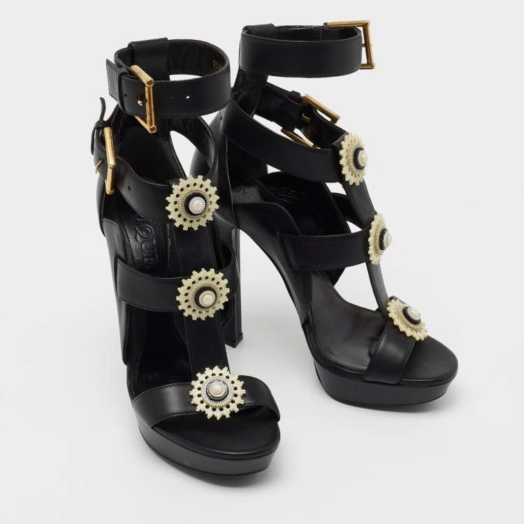 Pre Owned Alexander McQueen Black Leather French Gloss Platform Strappy  Sandals Size 38