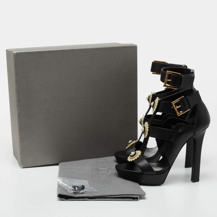 Pre Owned Alexander McQueen Black Leather French Gloss Platform Strappy  Sandals Size 38